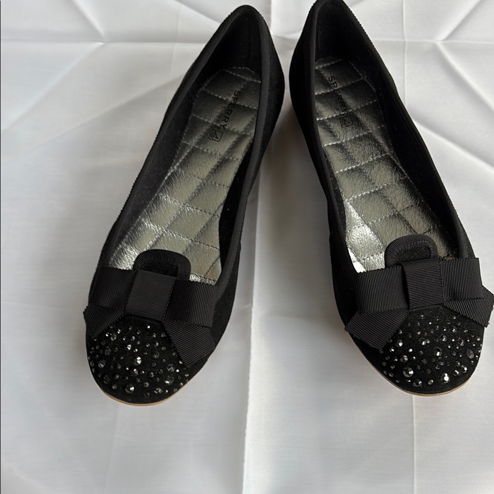 Sperry Black Suede Flats with Beaded Toe